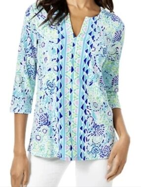 Lilly Pulitzer Karina Tunic In Blue, Mint & Lavender Shell & Turtle Print Sz L